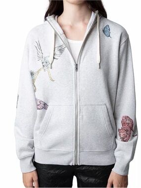 Zadig & Voltaire Light Gray Embroidered Zip Bomber Hoodie